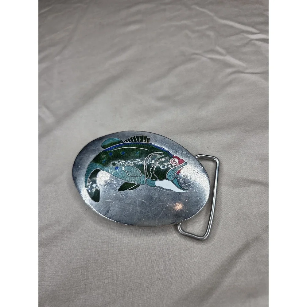 Small Oval Green and Silver Belt Buckle - Trout Fishing Sportsman Scene